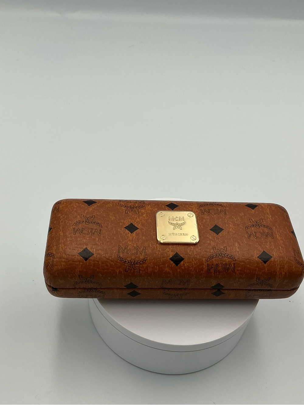 MCM Brown Monogram Visetos Glasses Case with Gold Plate
